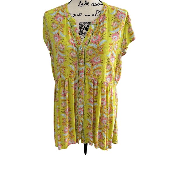 Vintage America Women's V-Neck Tunic Sz Large Chartreuse w/ Pink Floral - Picture 1 of 8